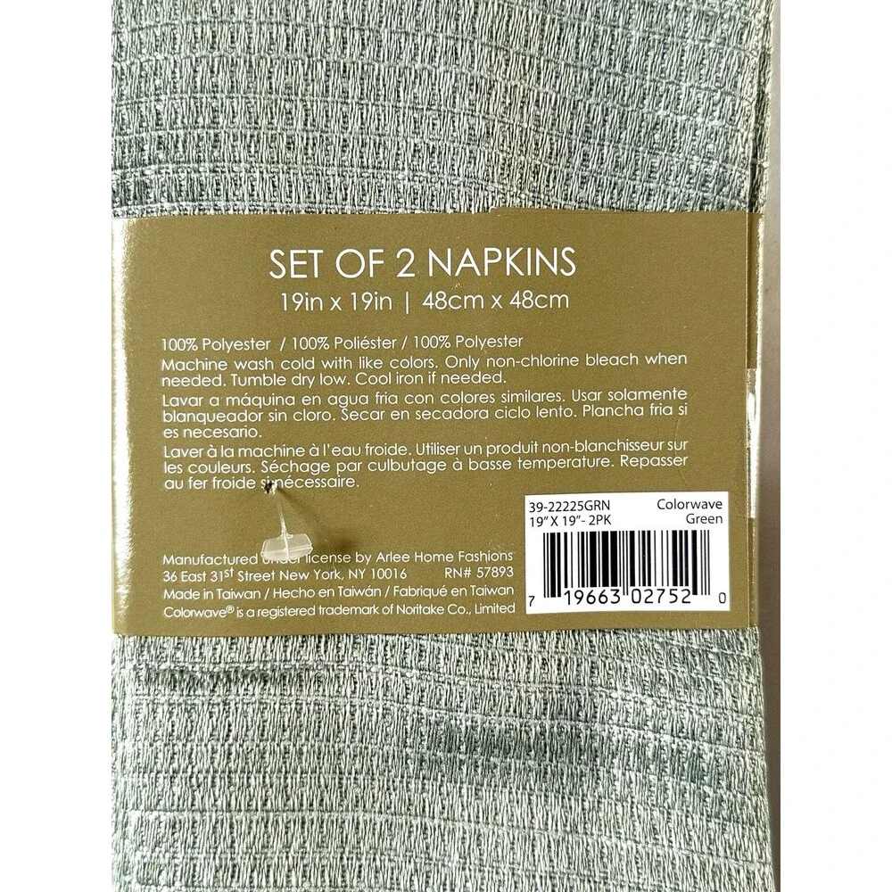Noritake Colorwave Fabric Napkins Green 19x19 Inch Set of 4 Machine Wash